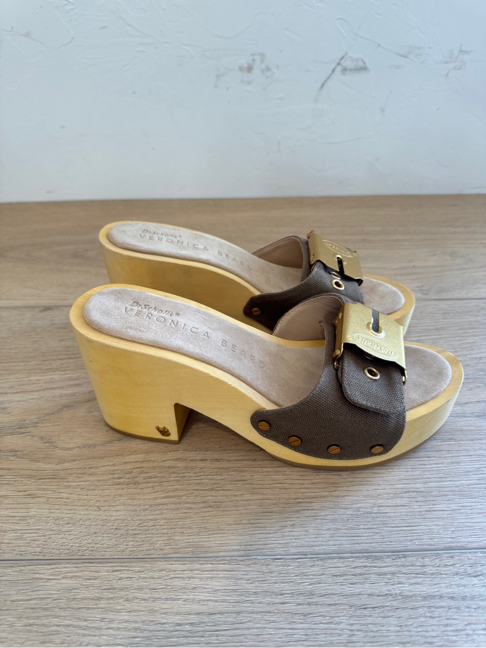 Dr. Scholl's x Veronica Beard Hula Canvas Buckle Mule Clogs Wooden Platform
